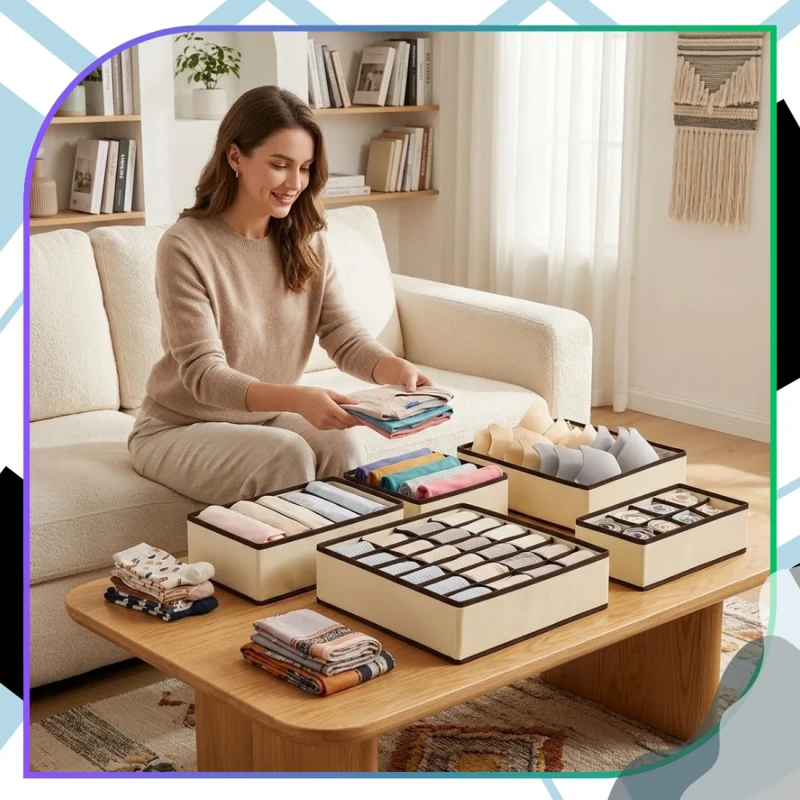 Beżowy Organizer Na Bieliznę Zestaw 4 Pojemników Do Szafy Składany7.webp