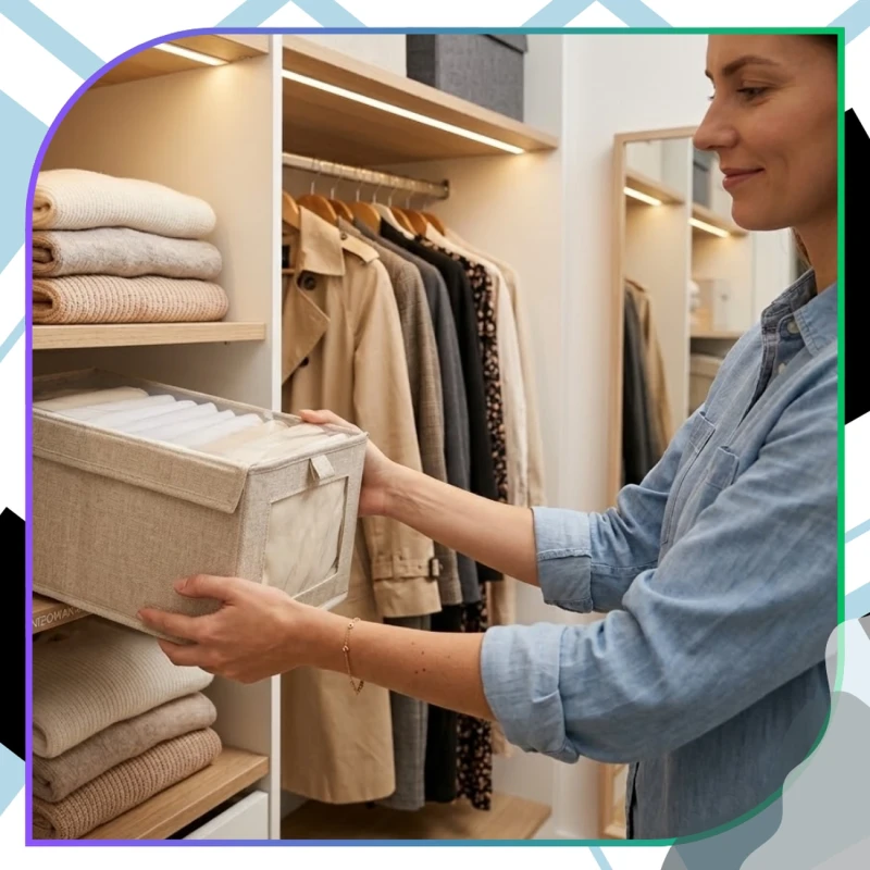 Beżowy Organizer Na Ubrania Z Okienkiem Pojemnik Do Szafy Składany7.webp