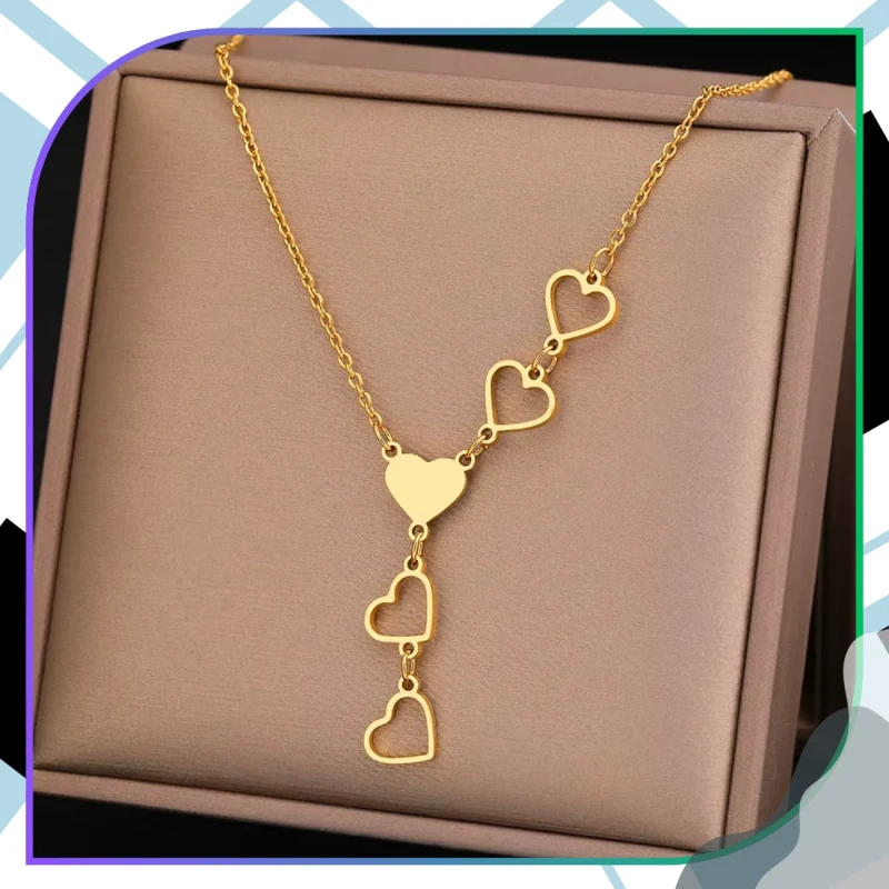 Naszyjnik złoty długi elegancki stal chirurgiczna serca7.webp