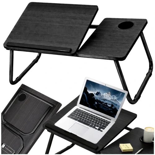 Stolik pod laptop do łóżka regulowany z uchwytem na tablet  kubek czarny