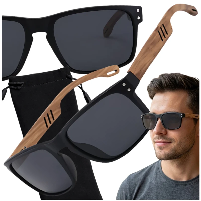 Męskie okulary bambusowe przeciwsłoneczne polaryzacyjne filtr UV3.webp