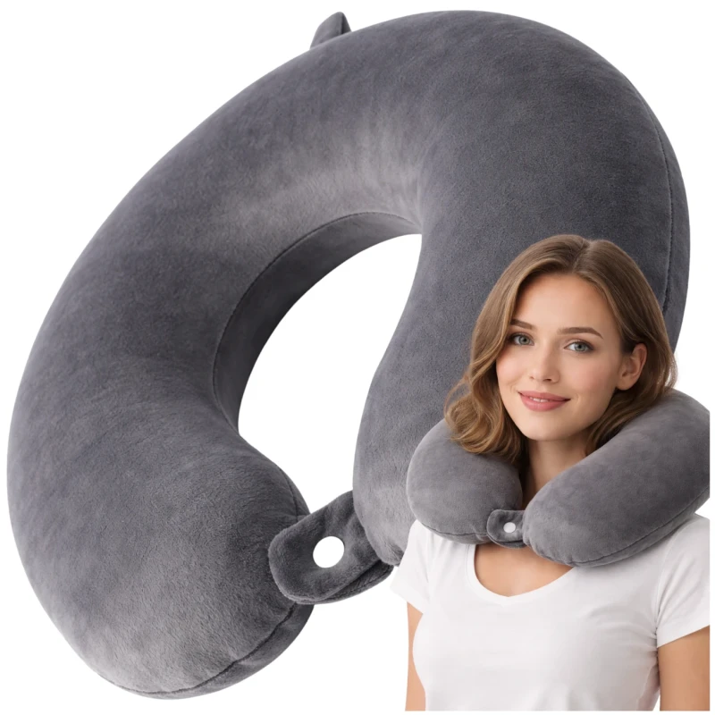 Poduszka podróżna rogal na szyję aksamitna ergonomiczna szara2.webp