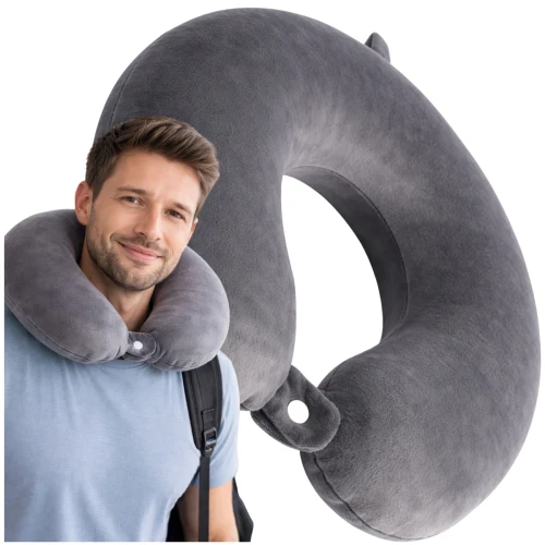 Poduszka podróżna rogal na szyję aksamitna ergonomiczna szara