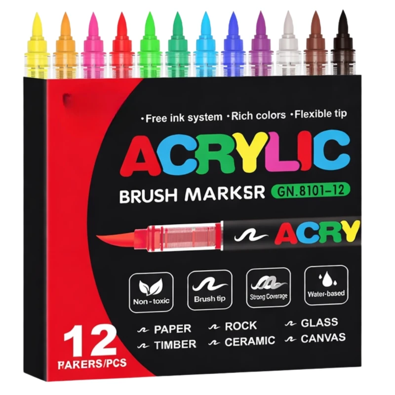 Markery akrylowe pędzelkowe zestaw 12 kolorów malowanie DIY4.webp