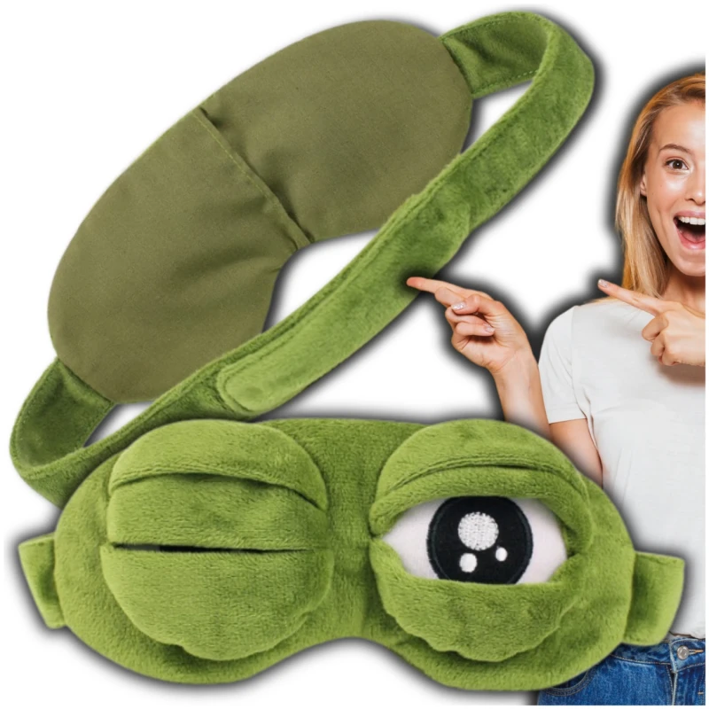Maska do Spania Zielona Żaba Regulowana Miękka Opaska na Oczy 3D2.webp