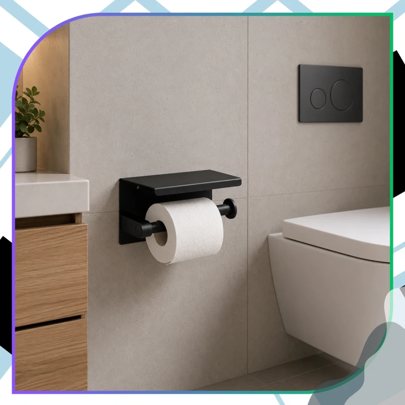 Uchwyt naścienny z półeczką czarny na papier toaletowy loft WC7.webp
