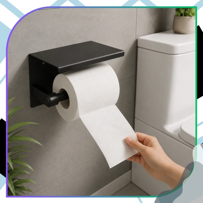 Uchwyt naścienny z półeczką czarny na papier toaletowy loft WC8.webp
