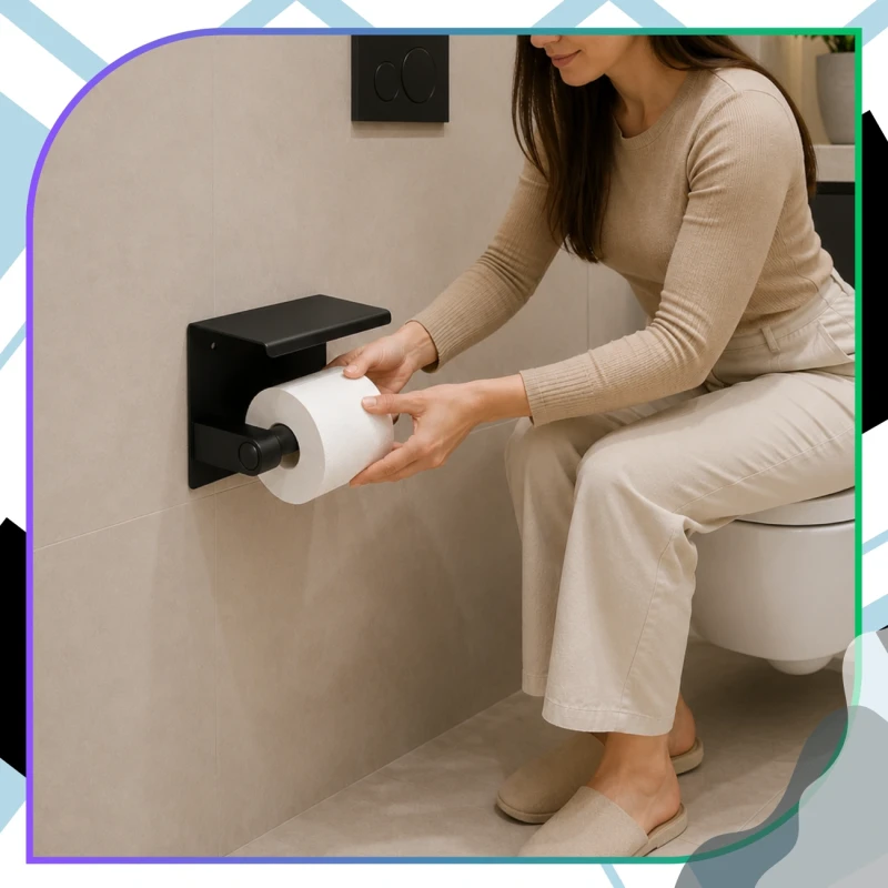 Uchwyt naścienny z półeczką czarny na papier toaletowy loft WC9.webp