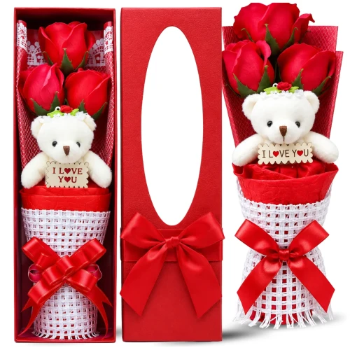 Róże mydlane Flower Box bukiet 3szt. czerwonych kwiatów + miś na prezent