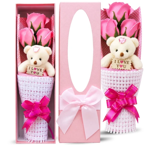 Róże mydlane Flower Box bukiet 3szt. różowych kwiatów + miś na prezent
