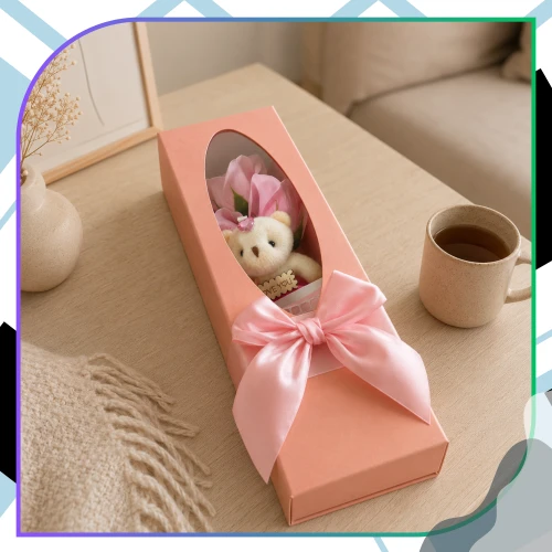 Róże mydlane Flower Box bukiet 3szt. różowych kwiatów + miś na prezent
