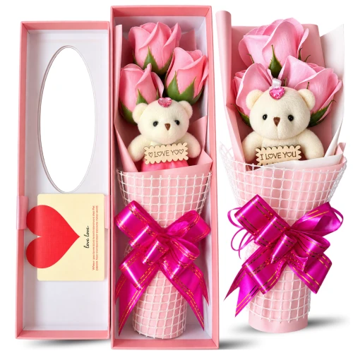 Róże mydlane Flower Box bukiet 3szt. różowych kwiatów + miś na prezent
