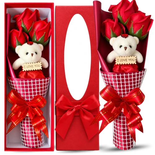 Róże mydlane Flower Box bukiet 3szt. czerwonych kwiatów + miś na prezent