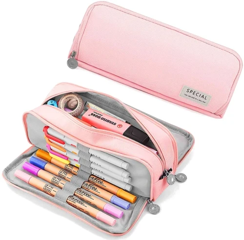 Piórnik różowy klasyczny organizer trzykomorowy