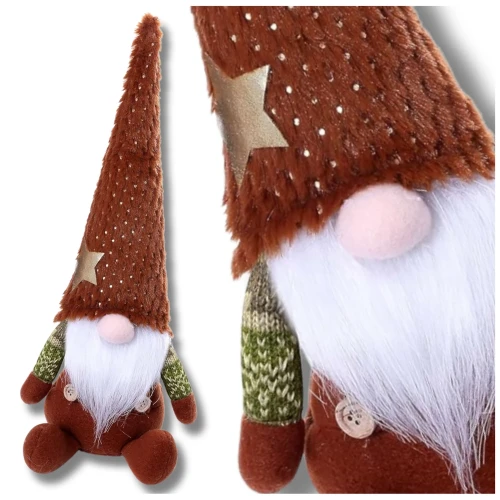 Świąteczny skrzat Mikołaj 40 cm krasnal siedzący brązowy