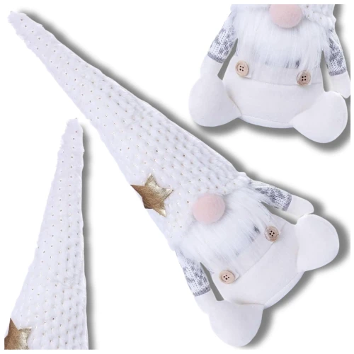 Świąteczny skrzat Mikołaj 40 cm krasnal siedzący biały