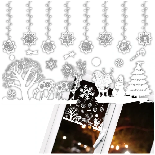 Świąteczna Naklejka na Okno biały renifer śnieżynki