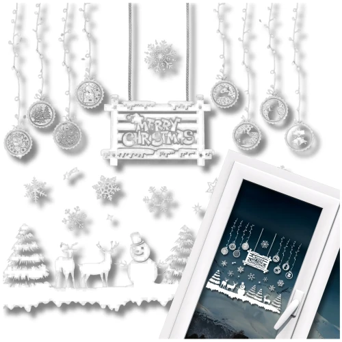 Świąteczna Naklejka na Okno biały bałwanek śnieżynki