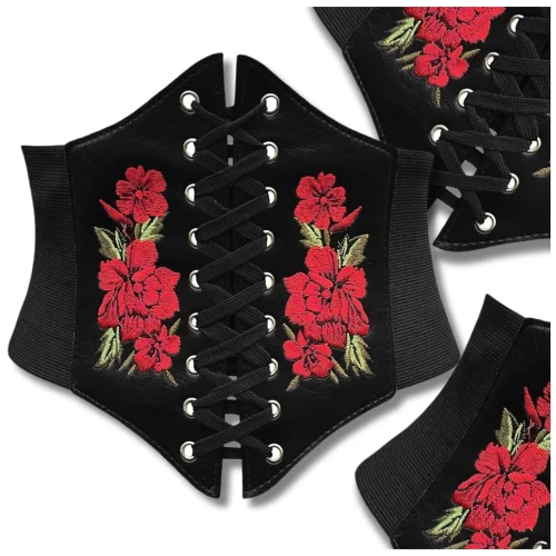 Pasek szeroki guma pas gorset czarny z haftem